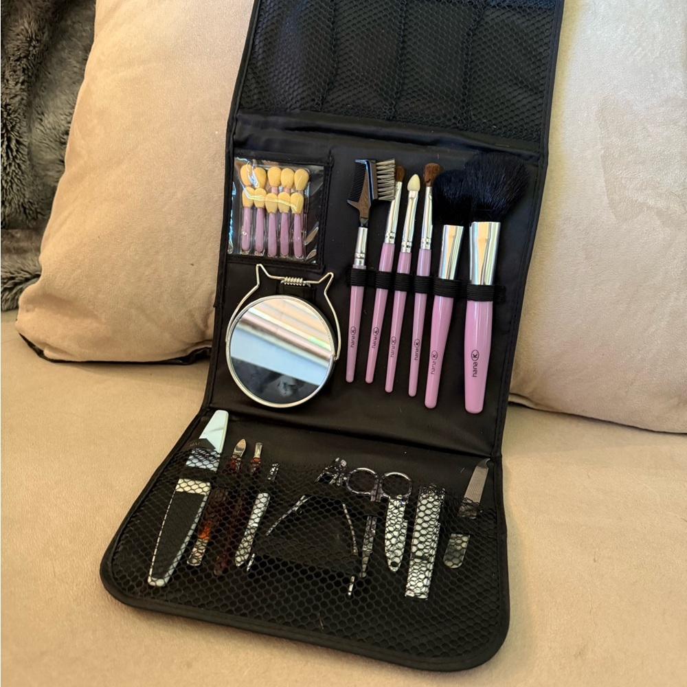 Pink Makeup Brush and Tool Set with Mirror